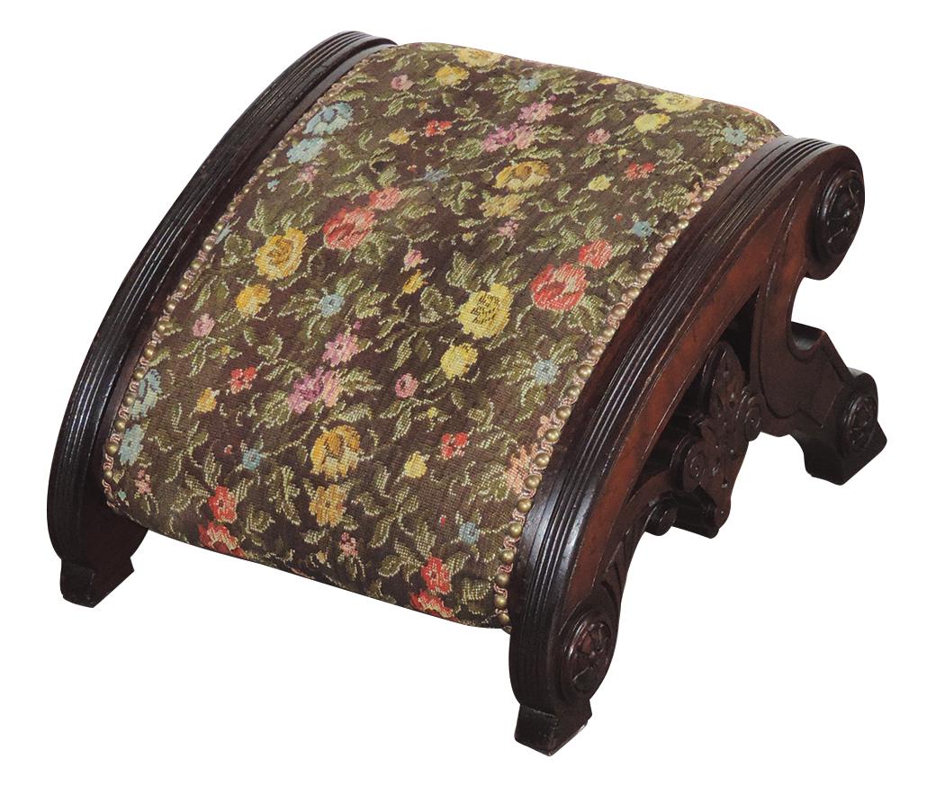Victorian Footstools & Coal Hopper (3), japanned metal: Victorian Footstools & Coal Hopper (3), japanned metal coal hopper & two walnut footstools, one w/hinged top for storage, all VG to Exc cond, largest 21"H x 17"W x 12"D.