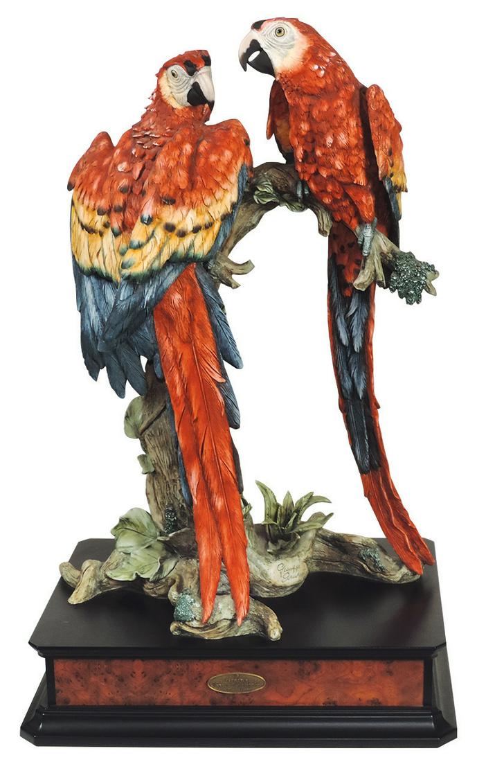Decorative, Giuseppe Armani Sculpture, "Tropical: Decorative, Giuseppe Armani Sculpture, "Tropical Splendour", 20th Century Florence line, Edition #994/1500, w/2 life-sized parrots on perch above an ebonized plinth w/burl panels, VG cond w/some wear 