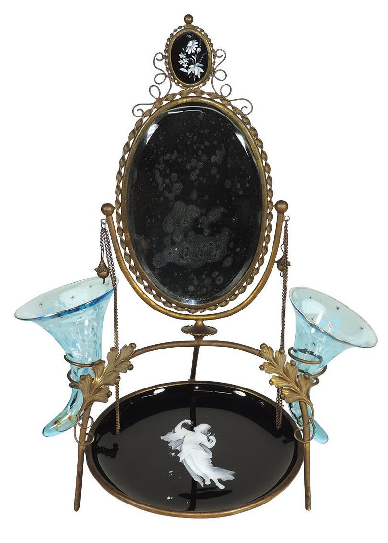 Victorian Mirrored Brides Basket & Epergnes, enameled: Victorian Mirrored Brides Basket & Epergnes, enameled black glass bowl of a woman w/lyre in gilt metal frame, supporting a mirror & 2 enameled glass vases, VG cond w/touch-ups to gilt & discoloration