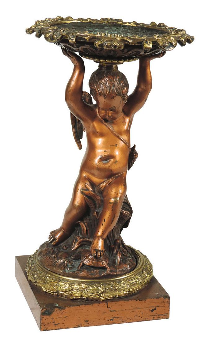 Victorian Neo-Classic 3-color Bronze Calling Card: Victorian Neo-Classic 3-color Bronze Calling Card Receiver, modeled as an aquatic-themed cherub holding a tray w/classical scene in relief, unmarked, Good to VG o/all cond noting mount slightly loose,