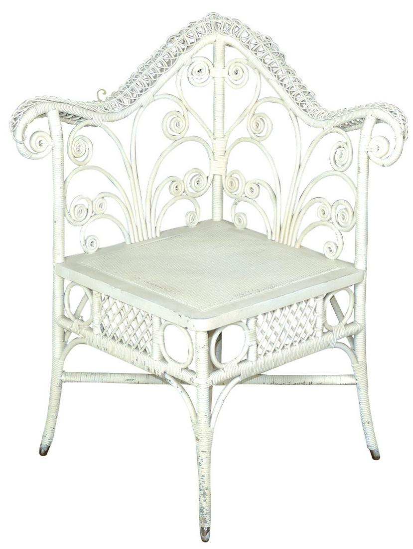 Furniture, Photographer's Chair, cream colored wicker,: Furniture, Photographer's Chair, cream colored wicker, corner chair w/rolled arms & fancy back, VG+ cond, 35.5"H x 31"W x 29"D.