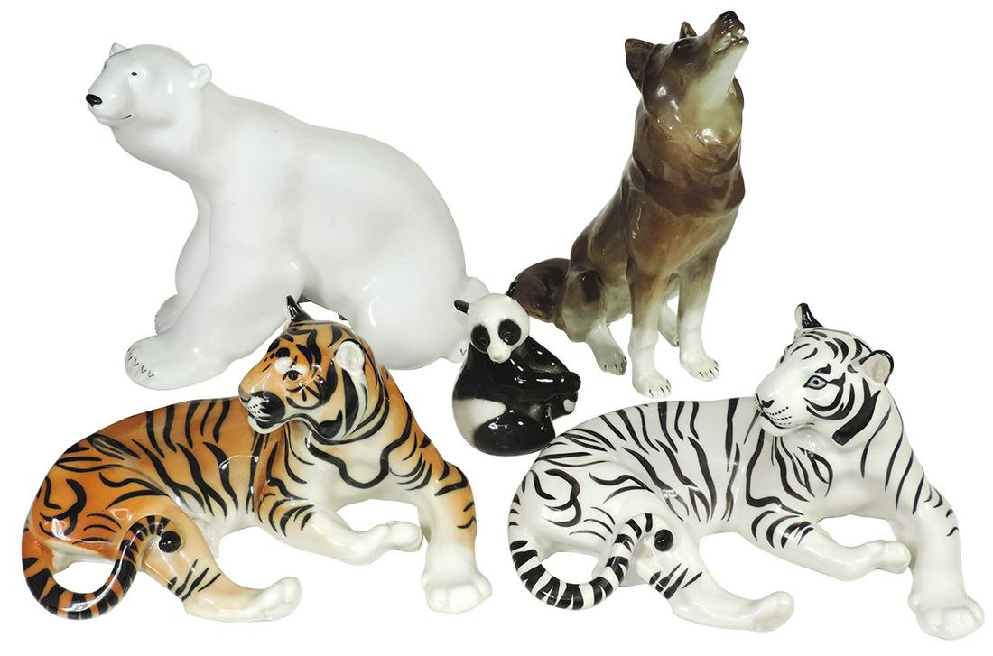 Decorative Russian Lomonosov Porcelain Animal Figures: Decorative Russian Lomonosov Porcelain Animal Figures (5), Soviet period, Imperial Porcelain Factory polar bear, Bengal tiger, white tiger, wolf & panda, each w/factory backstamps, Exc cond w/no chips