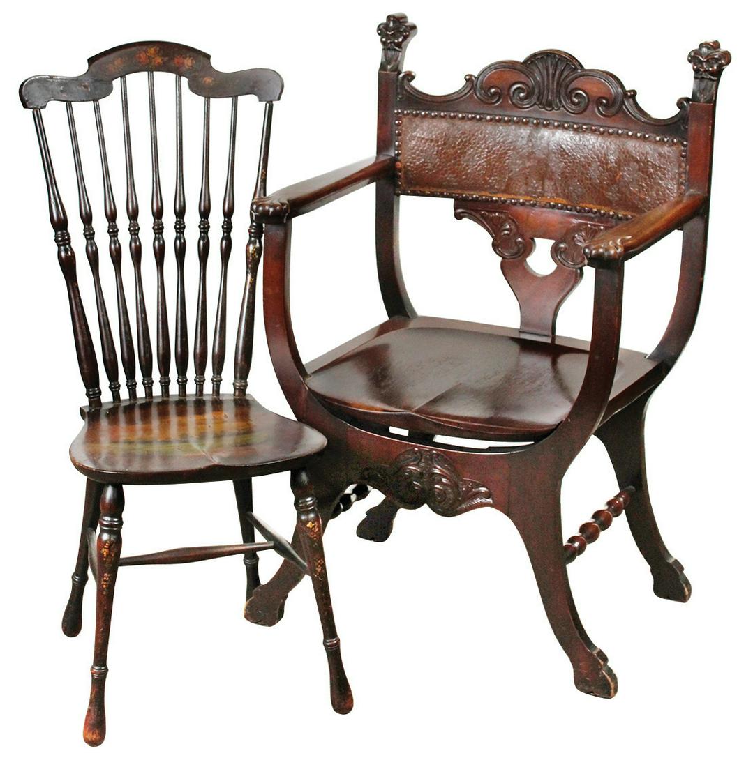Furniture, Victorian Chairs (2), Windsor comb back: Furniture, Victorian Chairs (2), Windsor comb back music chair in mahogany w/hand painted pastoral seat & a carved Savonarola-style arm chair w/carved grotesque facial mask terminals, Good to VG cond 