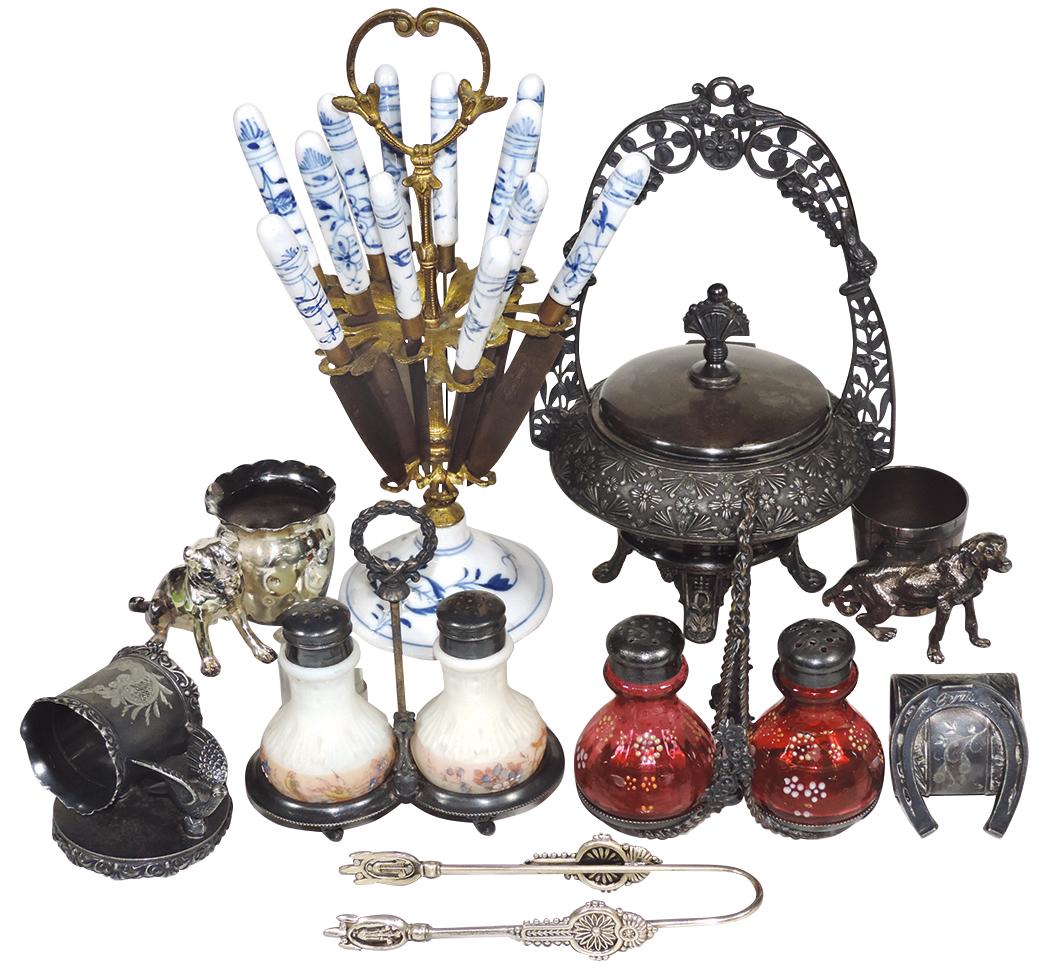 Victorian Table Settings (9), "Meriden" sweetmeat,: Victorian Table Settings (9), "Meriden" sweetmeat, Delft fruit knives & stand, 2 Art Glass shaker sets, horseshoe & dove figural napkin rings & 2 figural dog toothpick holders, VG to Exc cond w/darken