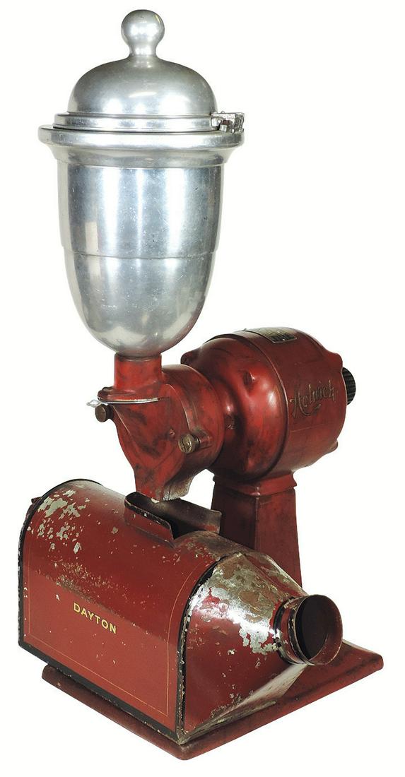 Country Store Coffee Grinder, Holwick electric, No. 4A,: Country Store Coffee Grinder, Holwick electric, No. 4A, by B.C. Holwick-Canton, Ohio, cast iron, tin & aluminum, VG to Exc working cond w/orig finish & Dayton tin receiver in Good cond w/scattered pai
