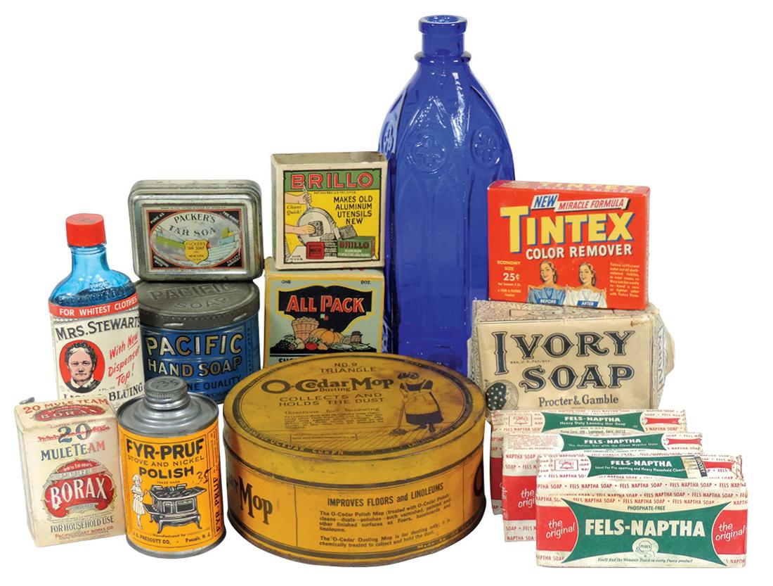 Country Store Product Bottles & Tins (14), cobalt blue: Country Store Product Bottles & Tins (14), cobalt blue Carter's Ink Gothic bottle, O-Cedar Mother-of-Pearl tin, Pacific Soap tin, Fyr-Pruf Stove Polish tin, plus various soaps, cleaners, etc., VG to E