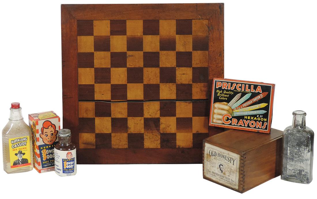 Country Store Box, Bottles & Checker Board (6),: Country Store Box, Bottles & Checker Board (6), Parquetry mahogany, maple & walnut checker board, Old Honesty dovetailed chalk box, Priscilla litho on tin crayon box, bottle of Howdy-Doody shoe polish