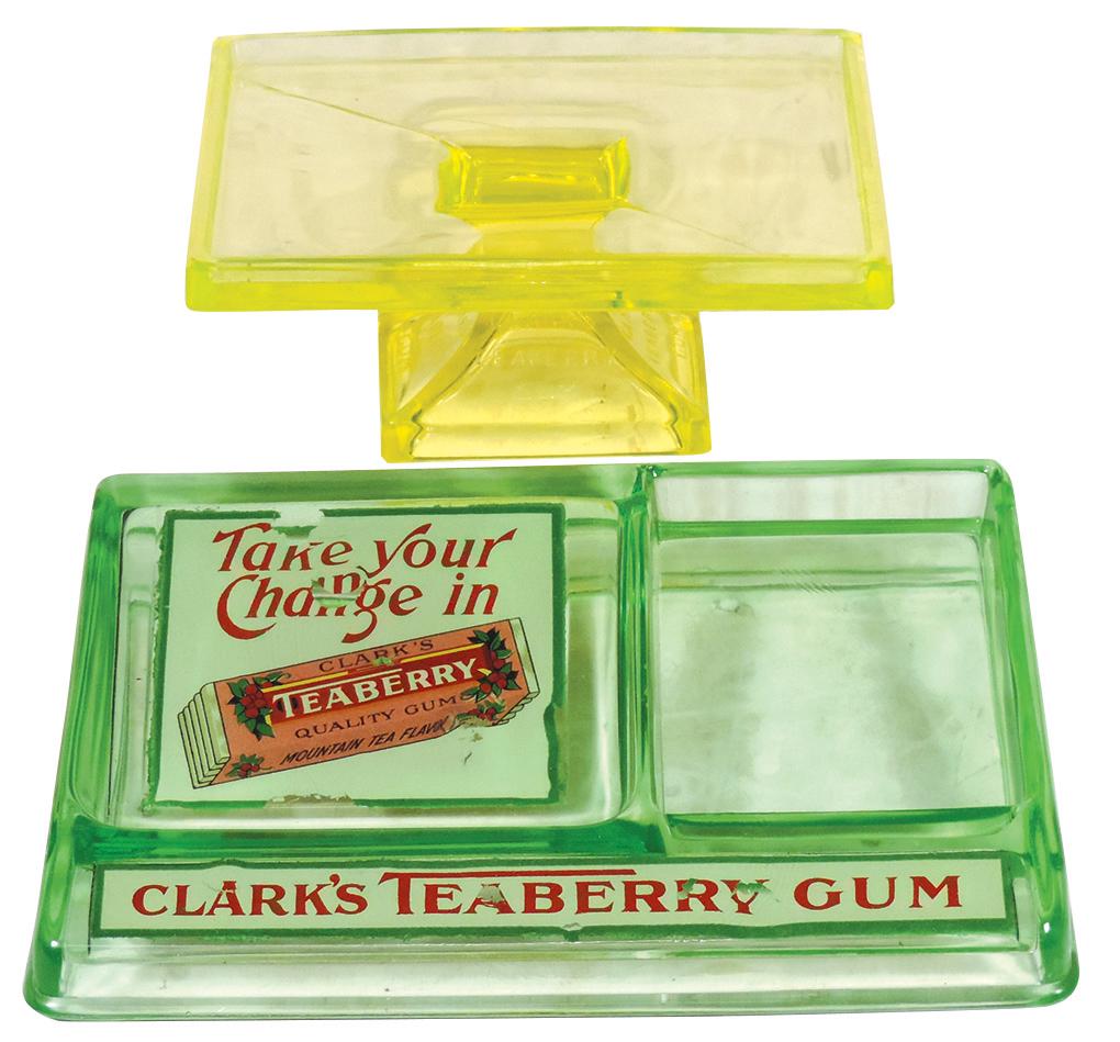 Chewing Gum Display Stands (2), Clark's Teaberry Gum: Chewing Gum Display Stands (2), both Clark's Teaberry Gum, 1920's, green change receiver & a Vaseline gum stand, VG cond noting some small losses to reverse label on first, larger 9"L x 6"W.