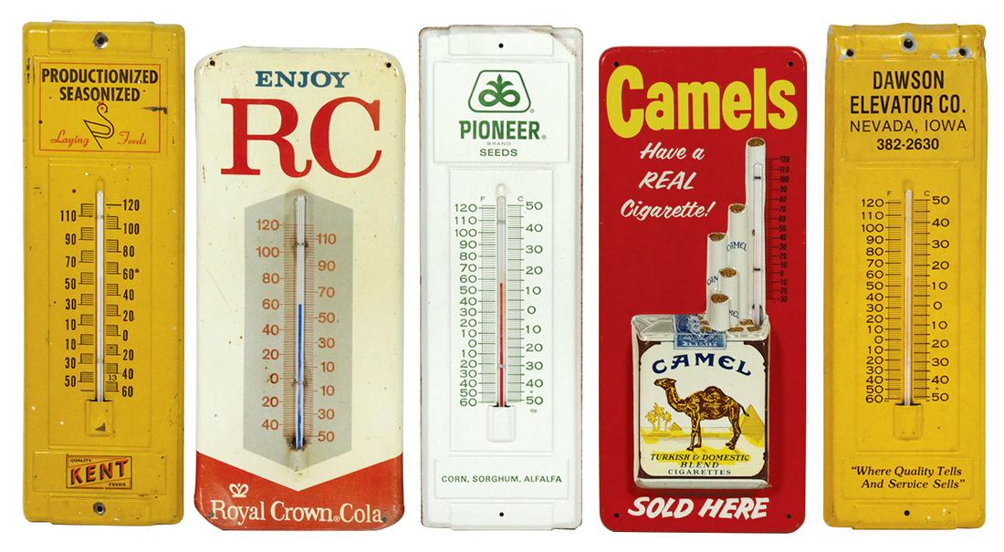 Country Store Thermometers (5), 1960's litho on tin for: Country Store Thermometers (5), 1960's litho on tin for Camels, RC Cola, Pioneer, Kent Seeds & Dawson Elevator-Nevada, Ia, all tubes intact, VG to Exc cond w/signs of use, largest 14"H.
