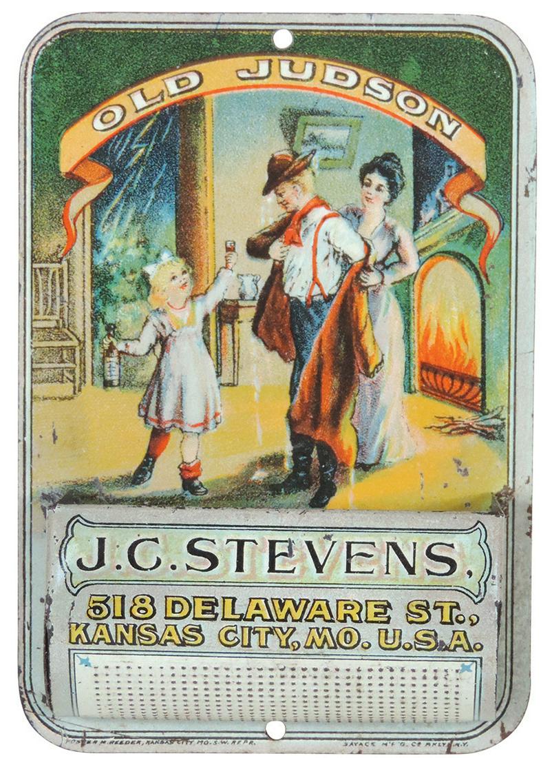 Advertising Match Holder, J.C. Stevens "Old Judson": Advertising Match Holder, J.C. Stevens "Old Judson" Whiskey, litho on tin w/dimpled striker, Exc cond w/a few nicks & scrapes, 5"H x 3.5"W.