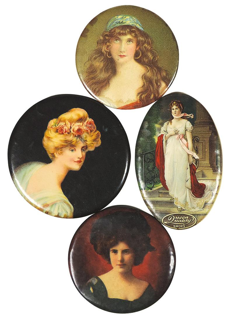 Advertising Pocket Mirrors (4), celluloid & glass,: Advertising Pocket Mirrors (4), celluloid & glass, "Queen Louise Shoes", a Turkish beauty & two Victorian women, all VG cond, largest 2.75"H x 1.75"W.