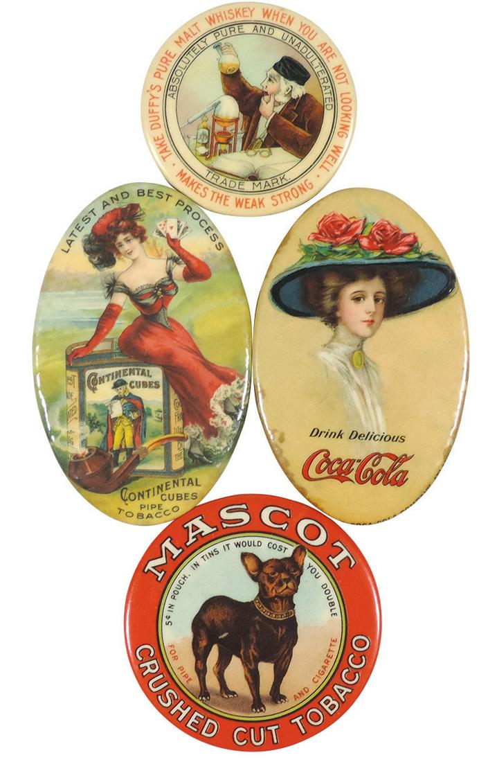 Advertising Pocket Mirrors (4), celluloid & glass, 1911: Advertising Pocket Mirrors (4), celluloid & glass, 1911 Coca-Cola, Continental Cubes Tobacco, Mascot Tobacco & Duffy's Malt Whiskey, Good to VG cond w/edge stains on lower half of Coca-Cola mirror, 1.