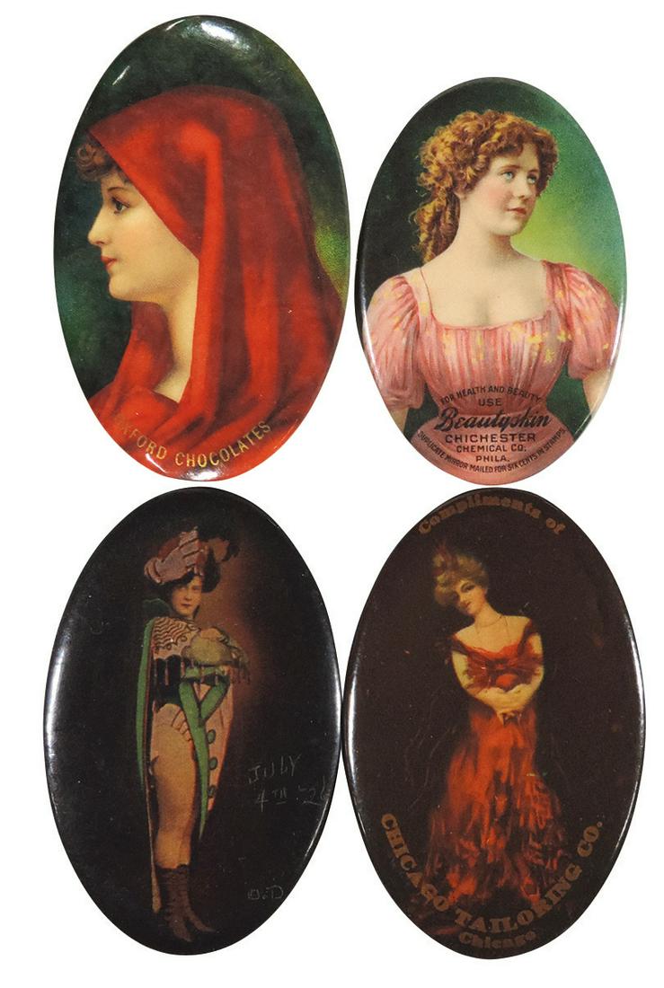 Advertising Pocket Mirrors (4), Early 1900's celluloid: Advertising Pocket Mirrors (4), Early 1900's celluloid Beauty Skin, Oxford Chocolates, Chicago Tailoring & a theatrical costume, the latter w/writing on front, rest VG to Exc cond, 2.75" x 1.75".