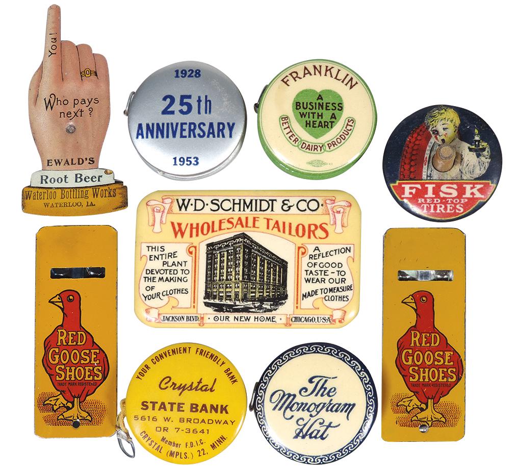 Advertising Tape Measures & Novelties (9), 4 celluloid: Advertising Tape Measures & Novelties (9), 4 celluloid measures, 2 "Red Goose" whistles, "W.D. Schmidt Wholesale Tailors" pocket mirror, "Ewalds Root Beer" diecut metal spinner from Waterloo Bottling