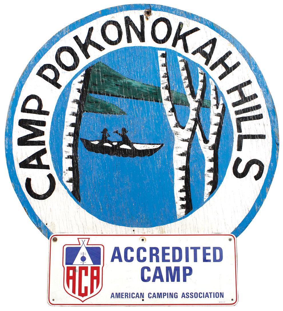 Girl Scout Camp Sign, Camp Pokonokah Hills, New Auburn,: Girl Scout Camp Sign, Camp Pokonokah Hills, New Auburn, WI, painted round plywood w/ACA accredited metal plaque affixed to bottom, Includes a later camp T-shirt size S, c.1977, VG cond w/natural weath