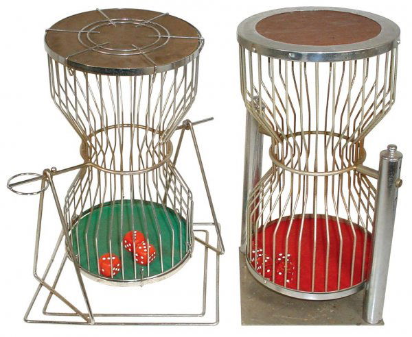Gambling, Chuck-A-Luck cages (2), both metal w/sq: Gambling, Chuck-A-Luck cages (2), both metal w/square bases, both w/dice, in Exc cond & 18"H.
