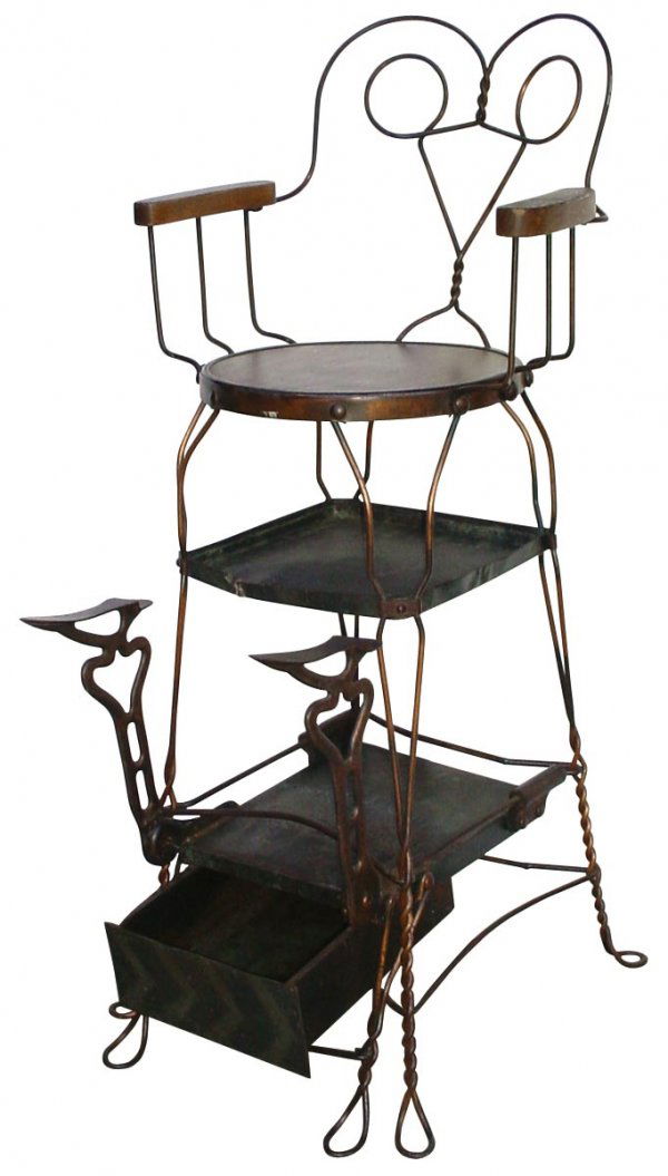 0705 Shoe shine chair, twisted metal frame w/wood seat