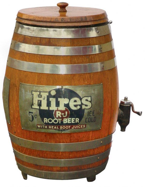 0731 Hires Root Beer barrel dispenser, oak barrel w/me