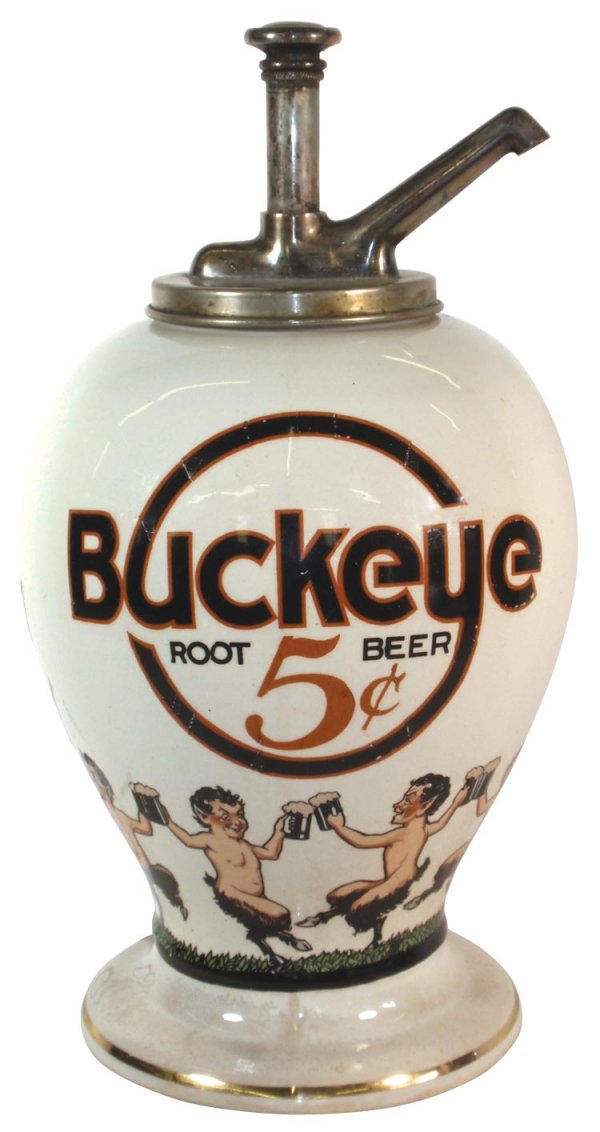 Syrup dispenser, Buckeye Root Beer w/centaurs cir: Syrup dispenser, Buckeye Root Beer w/centaurs circling base, logo on both front & back, orig old plunger style pump w/blank button insert, Exc cond, 15.5"H.