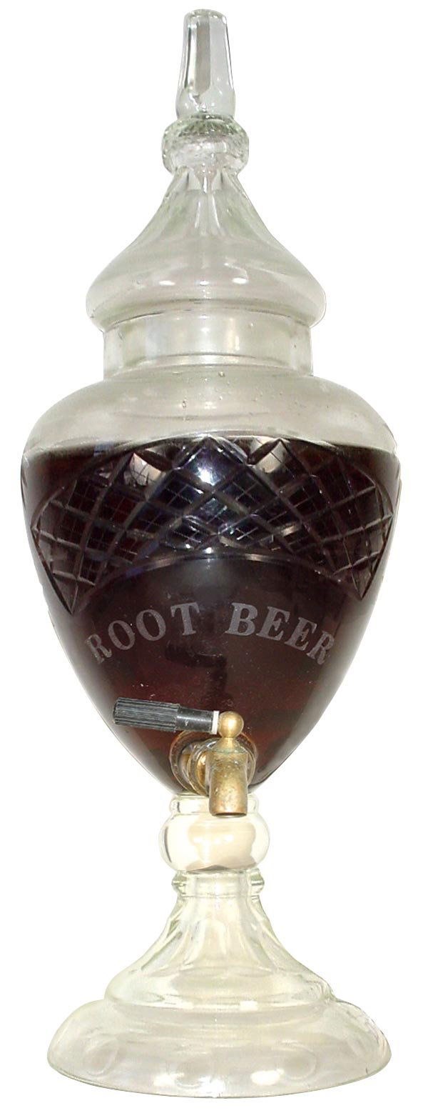 Syrup dispenser, Root Beer, fancy etched & cut gl: Syrup dispenser, Root Beer, fancy etched & cut glass on pedestal base, a beautiful early 1900's dispenser in Exc orig cond, 21"H.