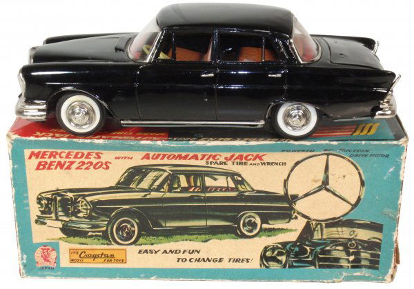 Toy, car, Cragstan Mercedes Benz 220S, friction,: Toy, car, Cragstan Mercedes Benz 220S, friction, has automatic jack, spare tire & wrench, Exc cond w/very little play, orig box in Good cond, 4"H x 11.5"W.