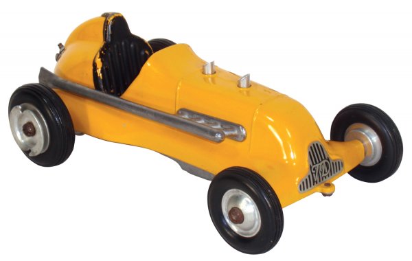 Toy, race car, Roy Cox Thimble Drome Special, mad: Toy, race car, Roy Cox Thimble Drome Special, made in Santa Ana, CA, wheel-wind starter, slight paint loss around seat, o/wise Exc cond, 9"L.