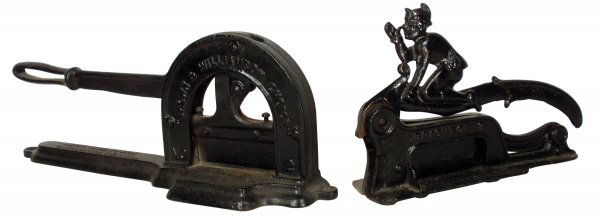 Tobacco cutters (2), Brighton 3, cast iron w/elf: Tobacco cutters (2), Brighton 3, cast iron w/elf on handle, VG cond, 7.25"H x 10.5"L & Brown & Williamson Choice #2 cast iron cutter, VG cond, 6.5"H x 17"L.