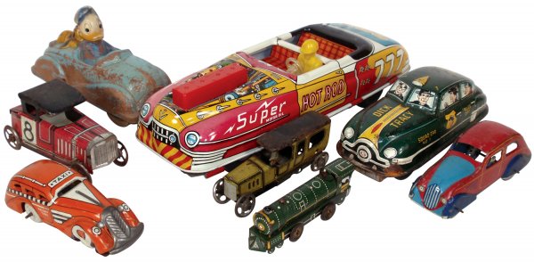 Toy cars (8), Marx Tricky Taxi, pressed tin windu: Toy cars (8), Marx Tricky Taxi, pressed tin windup, Exc cond, no key, 4.5"L, Dick Tracy Police Squad Car #1, pressed tin friction drive, Good cond, 6.5"L, Sun Rubber Donald Duck & Pluto, Good cond, 6.