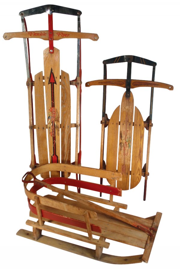 Children's sleds (3), pull sled, oak, maker unkno: Children's sleds (3), pull sled, oak, maker unknown, VG cond, 14"H x 31.5"L, Flexible Flyer Model 70, oak w/steel frame & runners, VG cond, 48"L & Flexible Flyer "Airline Ace", Model 37, oak w/steel f
