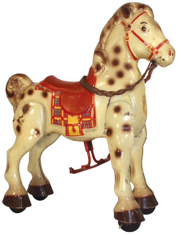 Toy, riding horse, Mobo, pressed steel w/orig lea: Toy, riding horse, Mobo, pressed steel w/orig leather reins, all orig paint, Exc cond, 31"H x 26"L.