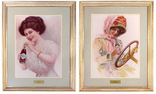 Coca-Cola framed prints of early calendar girls (: Coca-Cola framed prints of early calendar girls (2), When Dusters Were in Vogue-1909 & Calendar Girl-1909, used for display in lobbies of bottling plants, both are contemporary prints in Exc cond & 28