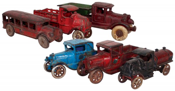 Toys (6), all cast iron cars & trucks, Arcade Mod: Toys (6), all cast iron cars & trucks, Arcade Model A Pickup Truck 209L, VG cond, 6"L, Arcade Model A Coupe 116/6M, missing trunk lid, 5"L, Mack Stake Bed Truck, VG cond, 4.75"L, gas truck, Exc cond, 