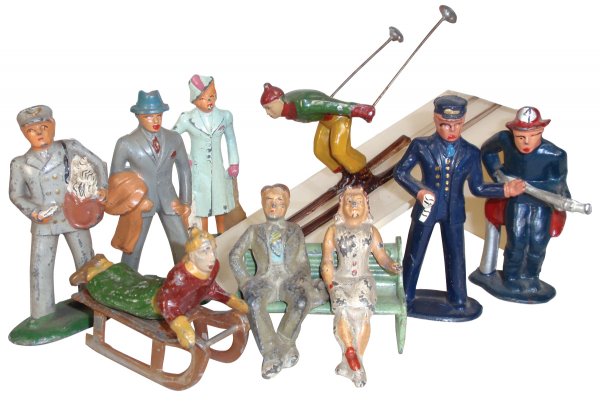 Toy, lead figures (11 pcs), some marked Barclay, : Toy, lead figures (11 pcs), some marked Barclay, Made in France & Made in USA, all VG cond & approx 3"H.