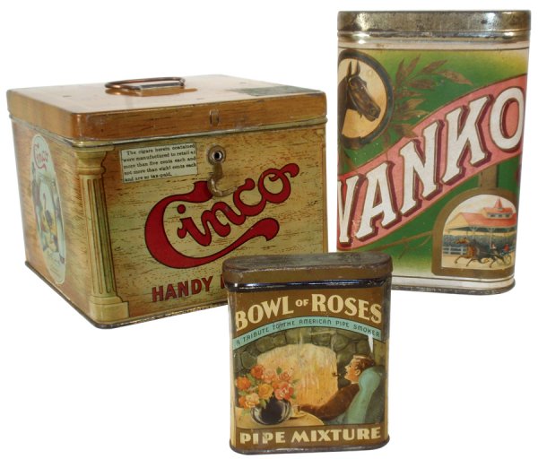 Tobacco tins (3), Bowl of Roses vertical pocket t: Tobacco tins (3), Bowl of Roses vertical pocket tin, Vanko vertical pocket tin w/paper label & Cinco Handy Humidor, all in VG cond, 3.5" to 5.25"H.