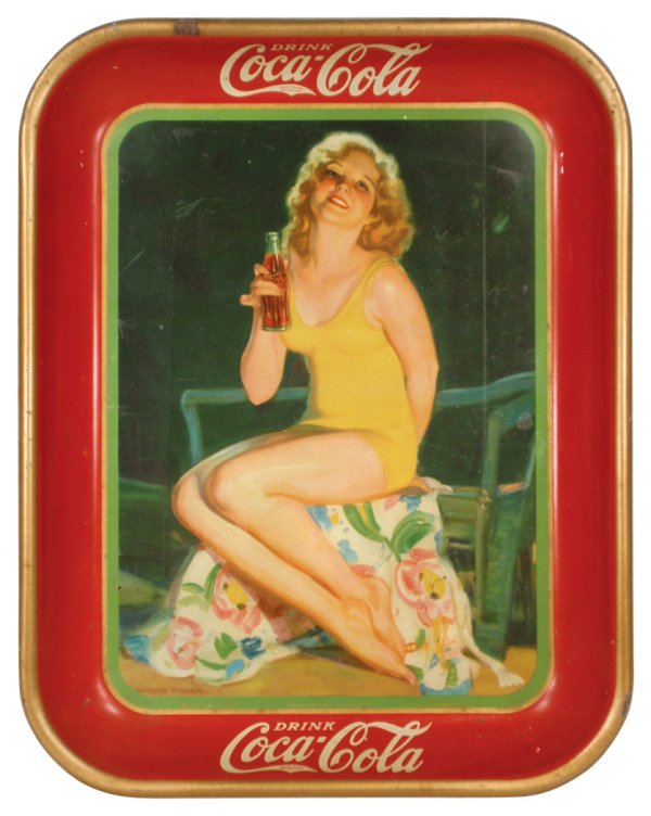 Coca-Cola serving tray, c.1932, Bathing Suit Girl: Coca-Cola serving tray, c.1932, Bathing Suit Girl, American Art Works-Coshocton, O., VG+ cond, 13"H x 10.5"W.