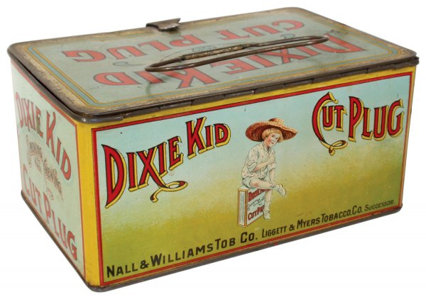 Tobacco tin, Dixie Kid lunch box, young girl w/st: Tobacco tin, Dixie Kid lunch box, young girl w/straw hat graphics, mfgd by Nall & Williams Tobacco Co.-Louisville, KY, Ligget & Myers Successor, VG to Exc cond, 3.75"H x 7.75"W x 5"D.
