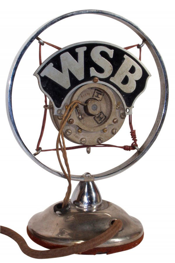 Radio station microphone, WSB "The Voice of the S: Radio station microphone, WSB "The Voice of the South", Atlanta Journal's Radiophone Broadcasting Station, chromed metal, mfgd by Western Electric, a real collector's item in Exc cond, 10"H x 7.5"W.