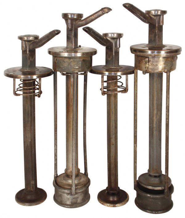 Syrup dispenser pumps (4), set of 4 early Lippinc: Syrup dispenser pumps (4), set of 4 early Lippincott pumps, stamped & dated "1907" around the rims w/early nickel embossed "Keystone" logos along w/ Root Beer, Vanilla, Strawberry & Cherry flavors, 2