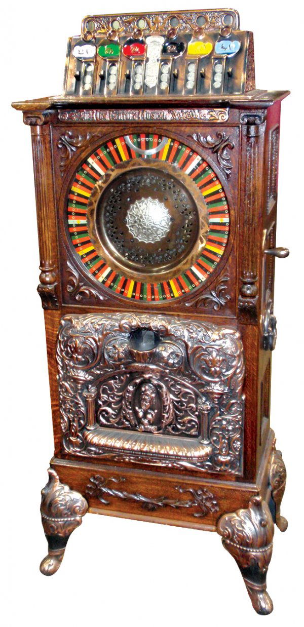 Coin-operated slot machine, Caille New Century De: Coin-operated slot machine, Caille New Century Detroit, 5 cent floor model, made in Detroit to honor the year 1900 or the New Century, quartersawn oak case, a great example of a Mint restored machine