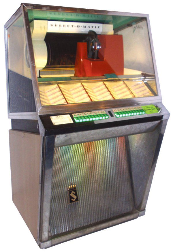 Coin-operated jukebox, Seeburg L-100, 100 selecti: Coin-operated jukebox, Seeburg L-100, 100 selection 45 RPM w/oldies records, 25 cent play, c.1957, Restored, 53"H x 30"W.