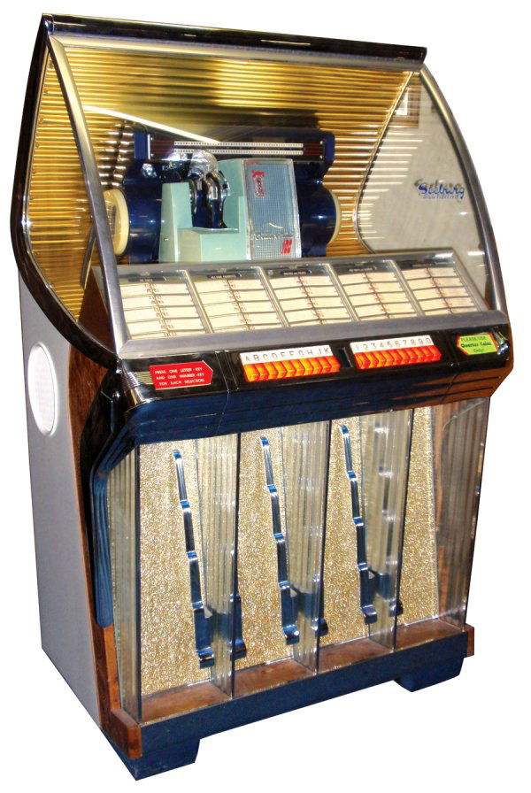 Coin-operated jukebox, Seeburg R, 100 selection 4: Coin-operated jukebox, Seeburg R, 100 selection 45 RPM w/oldies records, 25 cent play, c.1954, Exc restored cond, 59"H x 35"W.