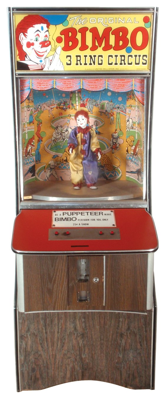 Coin-operated arcade machine, Bimbo 3 Ring Circus: Coin-operated arcade machine, Bimbo 3 Ring Circus, dancing clown w/music, 25 cent play, VG working cond, 68"H x 26"W.