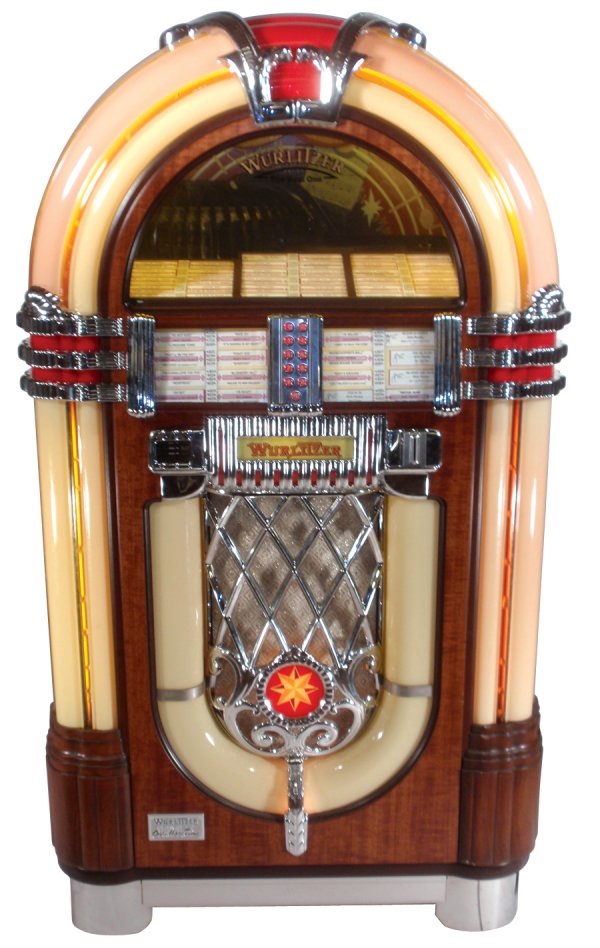 Coin-operated jukebox, Wurlitzer 1015, classic re: Coin-operated jukebox, Wurlitzer 1015, classic replica by One More Time, 100 selection 45 RPM machine w/oldies records, has manuals, Exc working cond, 59"H x 33"W.