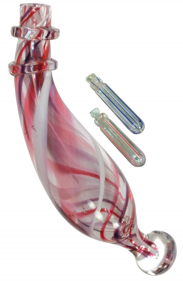 Nailsea glass (3 pcs.), powder flask, purple, pin: Nailsea glass (3 pcs.), powder flask, purple, pink & white swirls on clear, 9"L x 2.25"Dia & (2) small perfume bottles, one blue & clear & one red & clear w/stopper, ea 2.5"L, all VG cond.