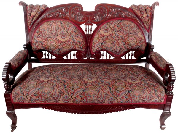 Furniture, Victorian 3 pc parlor set; loveseat, s: Furniture, Victorian 3 pc parlor set; loveseat, side chair & arm chair, mahogany or hardwood w/mahogany stain, ornately carved & spindled backs w/nice tapestry upholstery, c.1890, side chair has repai