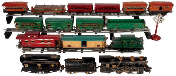 Toy train cars, engine & Railroad Crossing sign,: Toy train cars, engine & Railroad Crossing sign, (17 pcs), all American Flyer "O" gauge, pressed steel, cast metal engine & tender, (2) 1123, 3211, 3011, 3216, 3208, 1211 & 7 additional cars, all Good