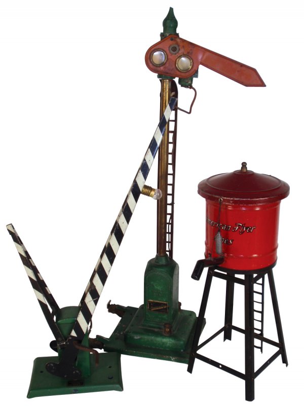 Toy train accessories (3), all American Flyer, pr: Toy train accessories (3), all American Flyer, pressed steel crossing gate, water tower & cast metal signal tower w/ladder, all VG cond, 9.5" to 15"H.