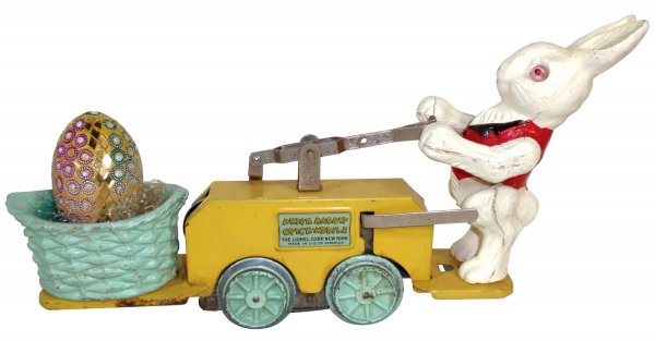 Toy, Lionel Peter Rabbit Chick-Mobile, pressed st: Toy, Lionel Peter Rabbit Chick-Mobile, pressed steel w/composition rabbit, VG orig cond, 6.5"H x 10"L.