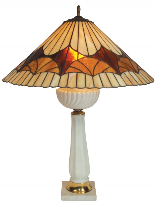Table lamp, white glass base w/white, brown & car: Table lamp, white glass base w/white, brown & caramel flat panel shade, Exc working cond, 29"H.