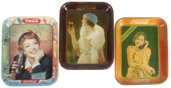 Coca-Cola serving trays (3), c.1953 Menu Girl, c.: Coca-Cola serving trays (3), c.1953 Menu Girl, c.1930 Fountain Sales-Girl on Telephone & c.1925 Girl in Fox Stole, Exc, VG & VG cond, all 13"H x 10.5"W.